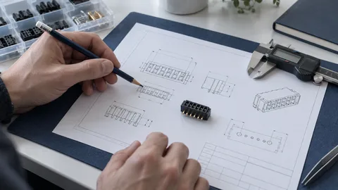 Ilustración de una muestra de conector junto a un plano dimensional y un calibre