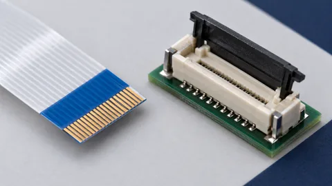 Ilustración del extremo de acoplamiento de un cable flexible y de un conector FPC/FFC abierto