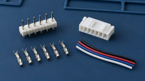 Ilustración de un cabezal para placa, una carcasa, contactos sueltos y cables aislados