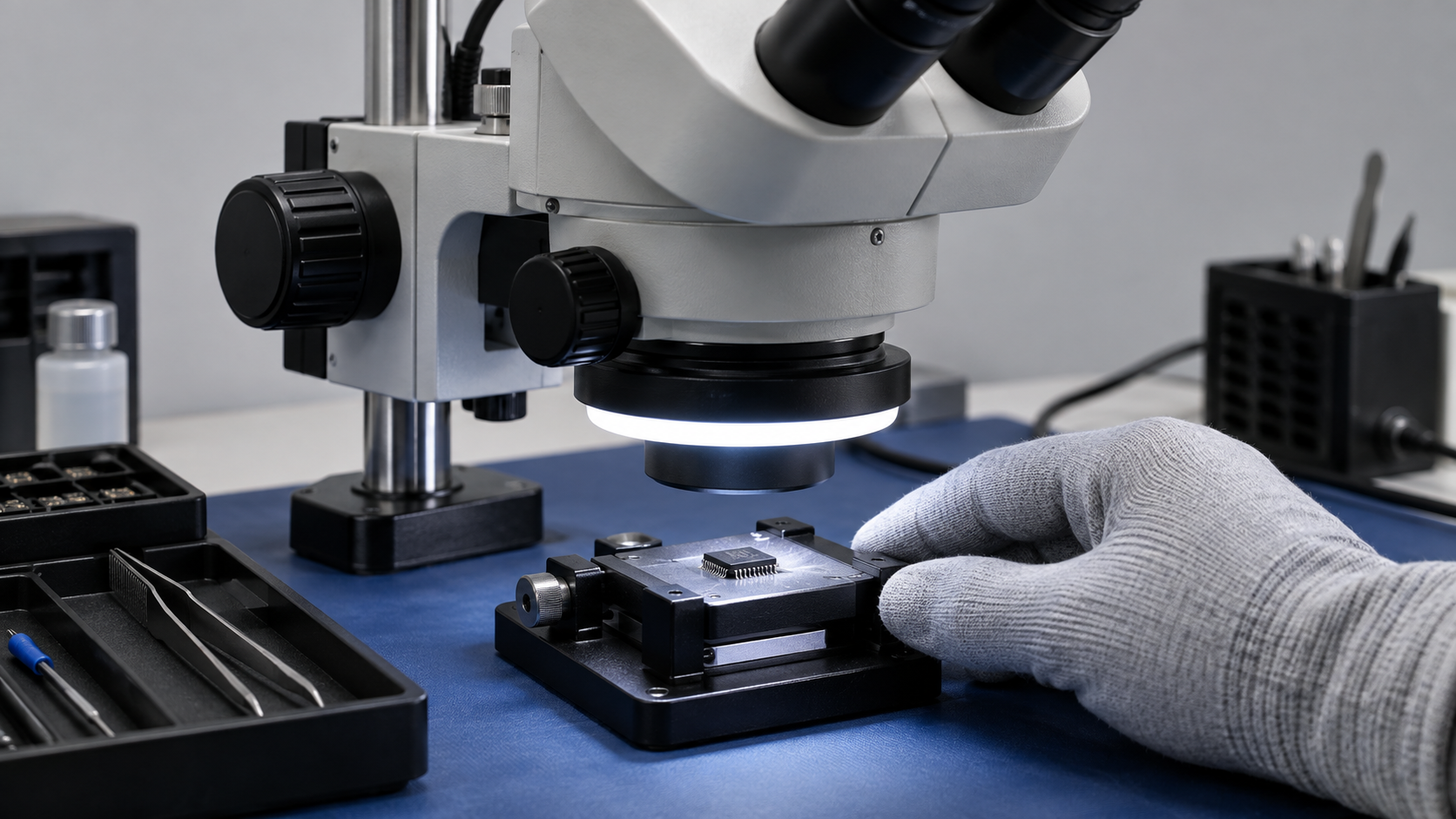 Imagen ilustrativa de la inspección visual de un circuito integrado con microscopio