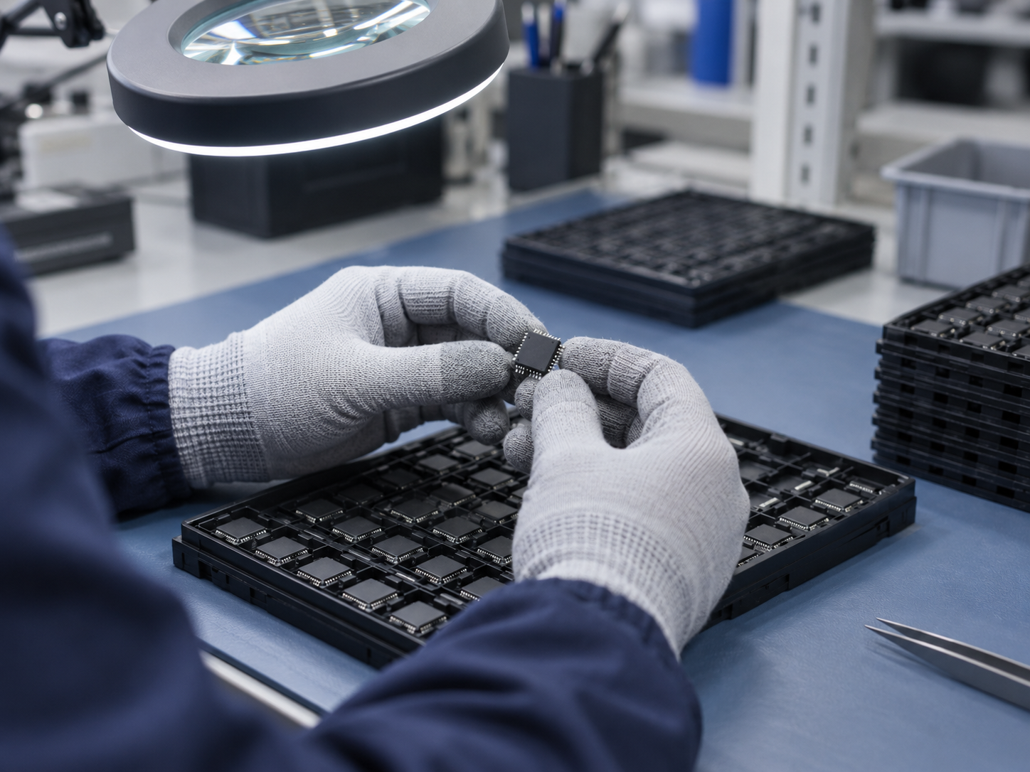Imagen ilustrativa de un operario con guantes que inspecciona visualmente un circuito integrado sobre bandejas de componentes